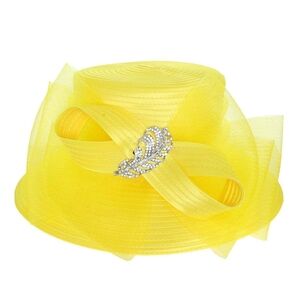 Yellow Rhinestone Feather Mesh Bow Organza Dressy Kentucky Derby Church Hat